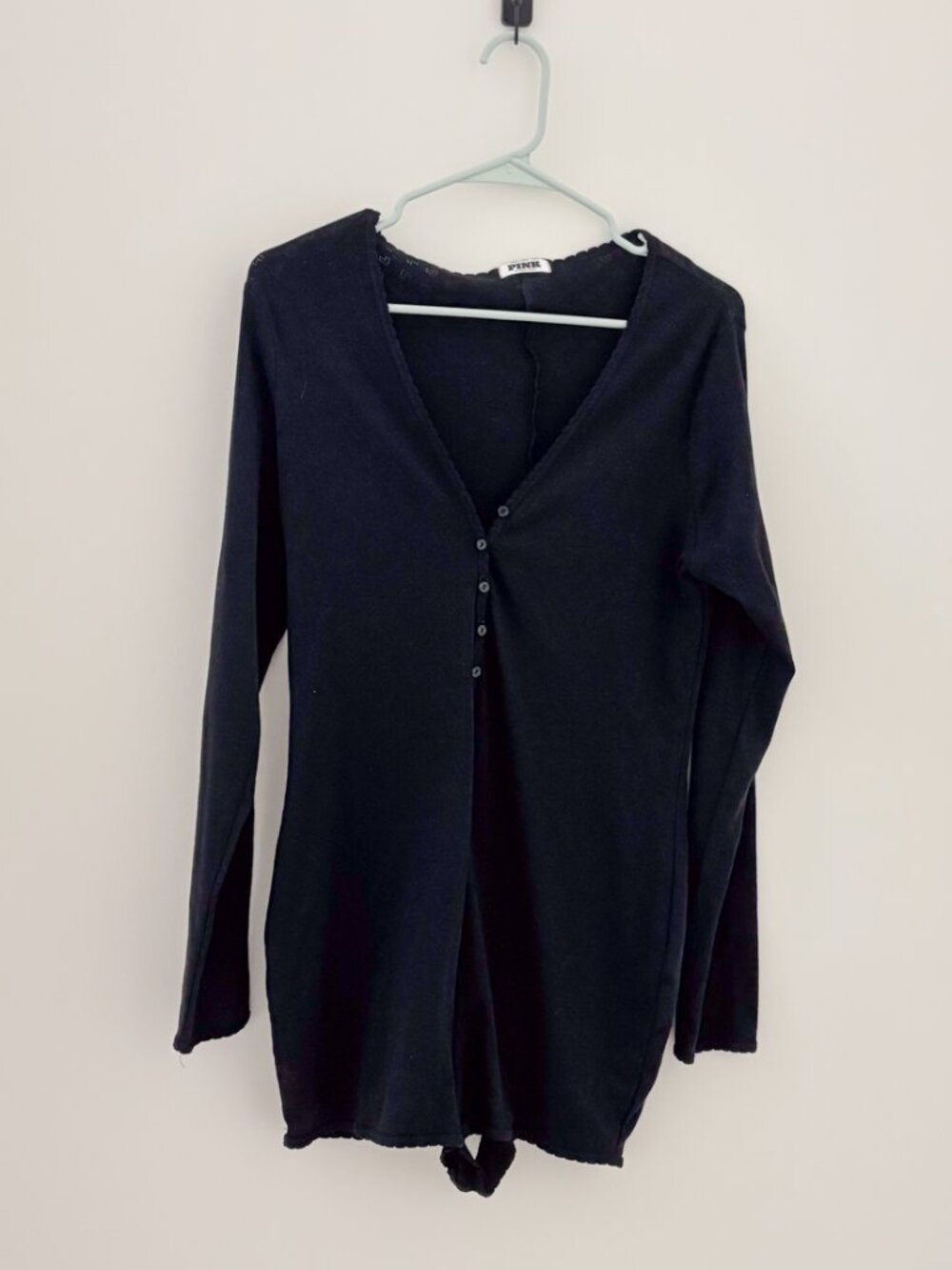 Victoria's Secret PINK Cotton Heart Pointelle Long Sleeve Romper Black